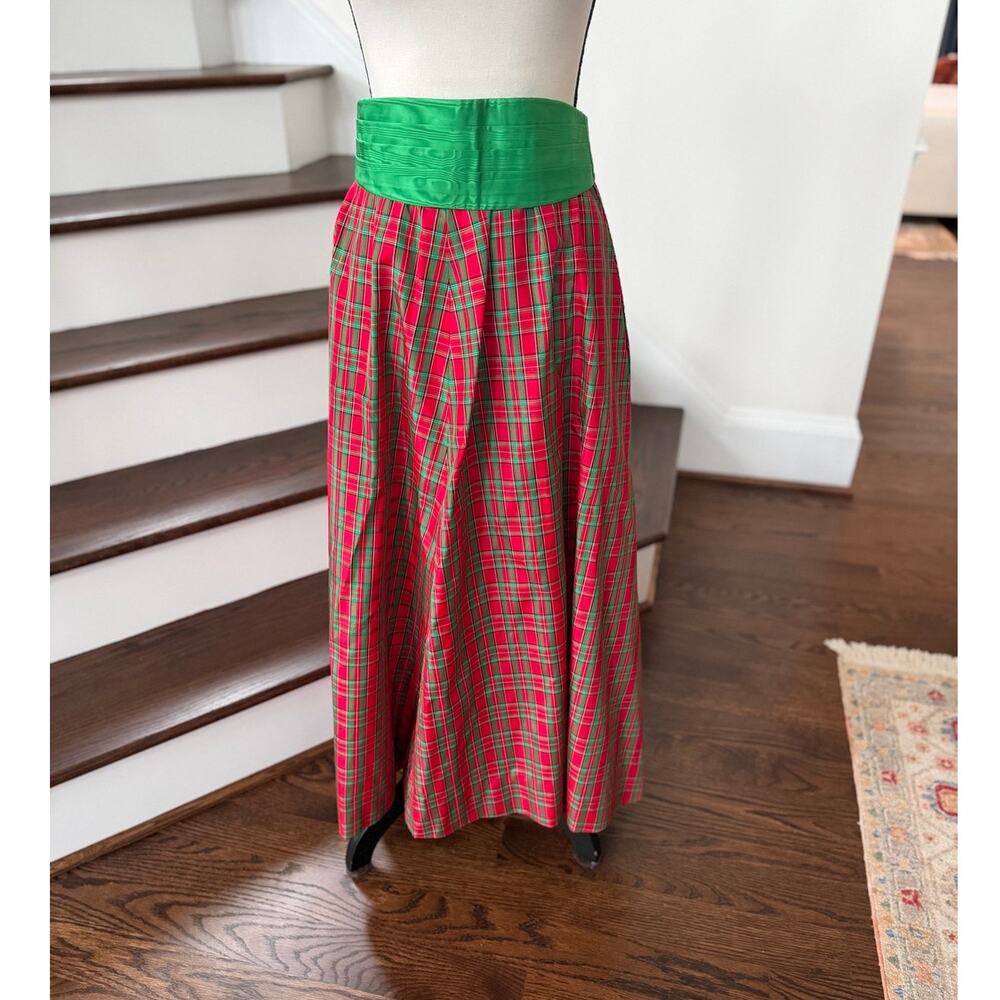 Vintage 70s Red Green Tartan Plaid Taffeta Maxi Skirt & Green Cummerbund